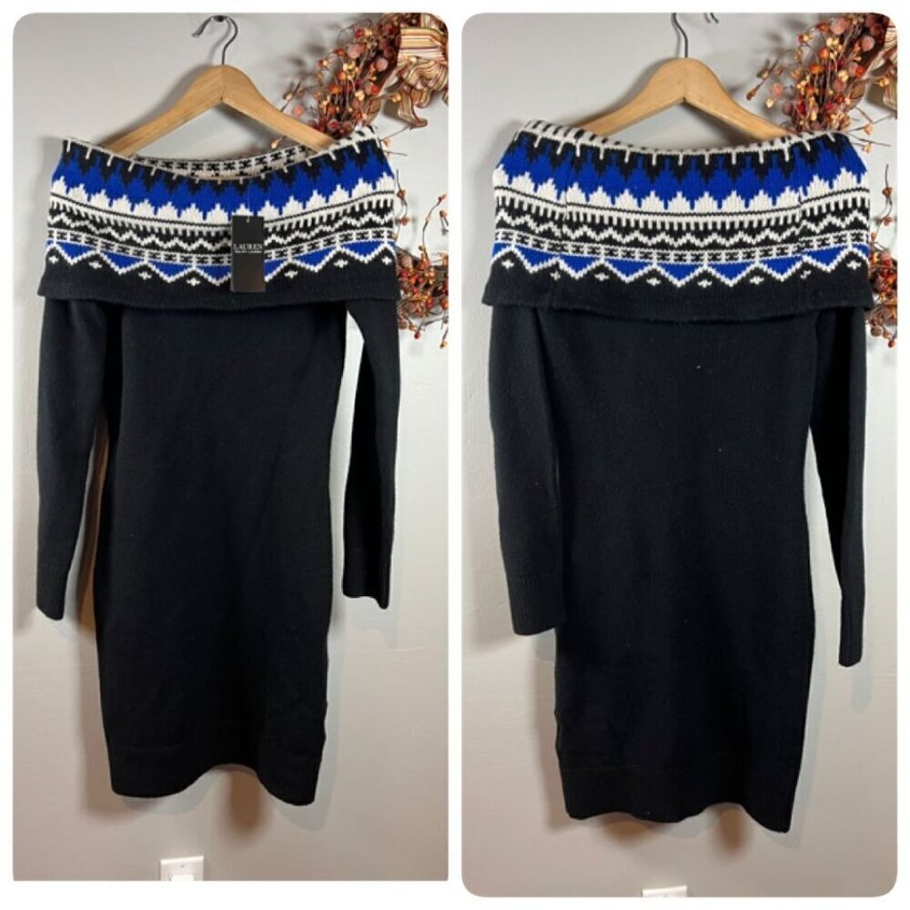 Lauren Ralph Lauren Black Label Fair Isle Off the Shoulder Sweater Dress Small